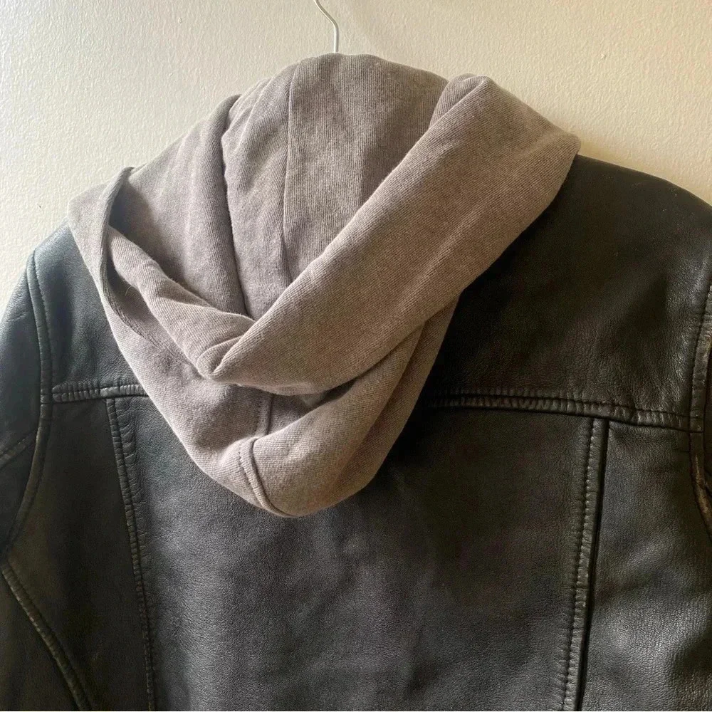NWT Free People Leather Moto Jacket Hooded Black Gray We The Free